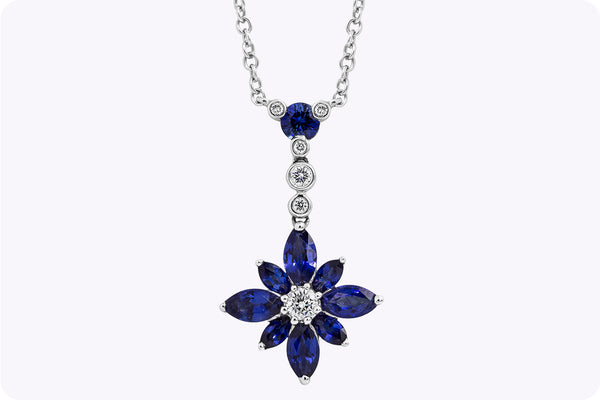 1.88 Carats Total Sapphire & Diamond Flower Pendant Necklace in White Gold