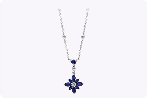 1.88 Carats Total Sapphire & Diamond Flower Pendant Necklace in White Gold