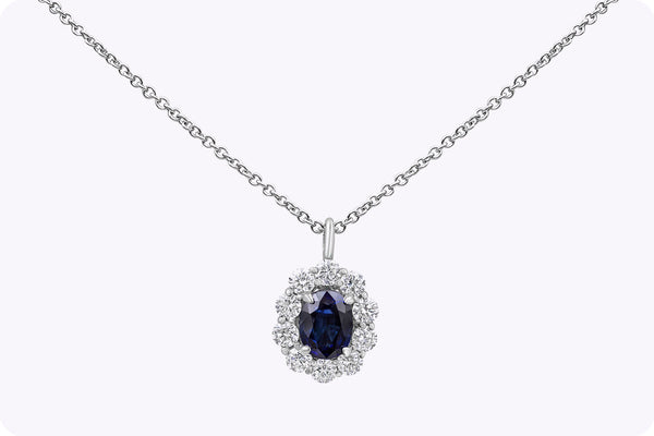 2.88 Carats Total Oval Cut Sapphire & Diamond Halo Pendant Necklace in White Gold