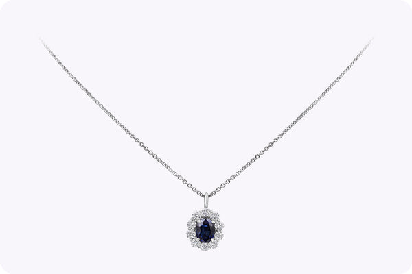 2.88 Carats Total Oval Cut Sapphire & Diamond Halo Pendant Necklace in White Gold