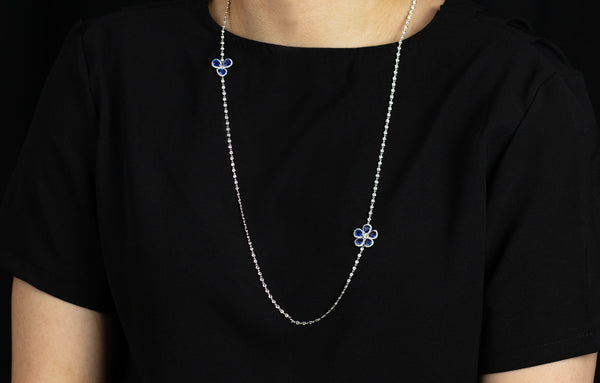 5.89 Carats Sapphire & Diamond Floral Design Long Necklace in White Gold