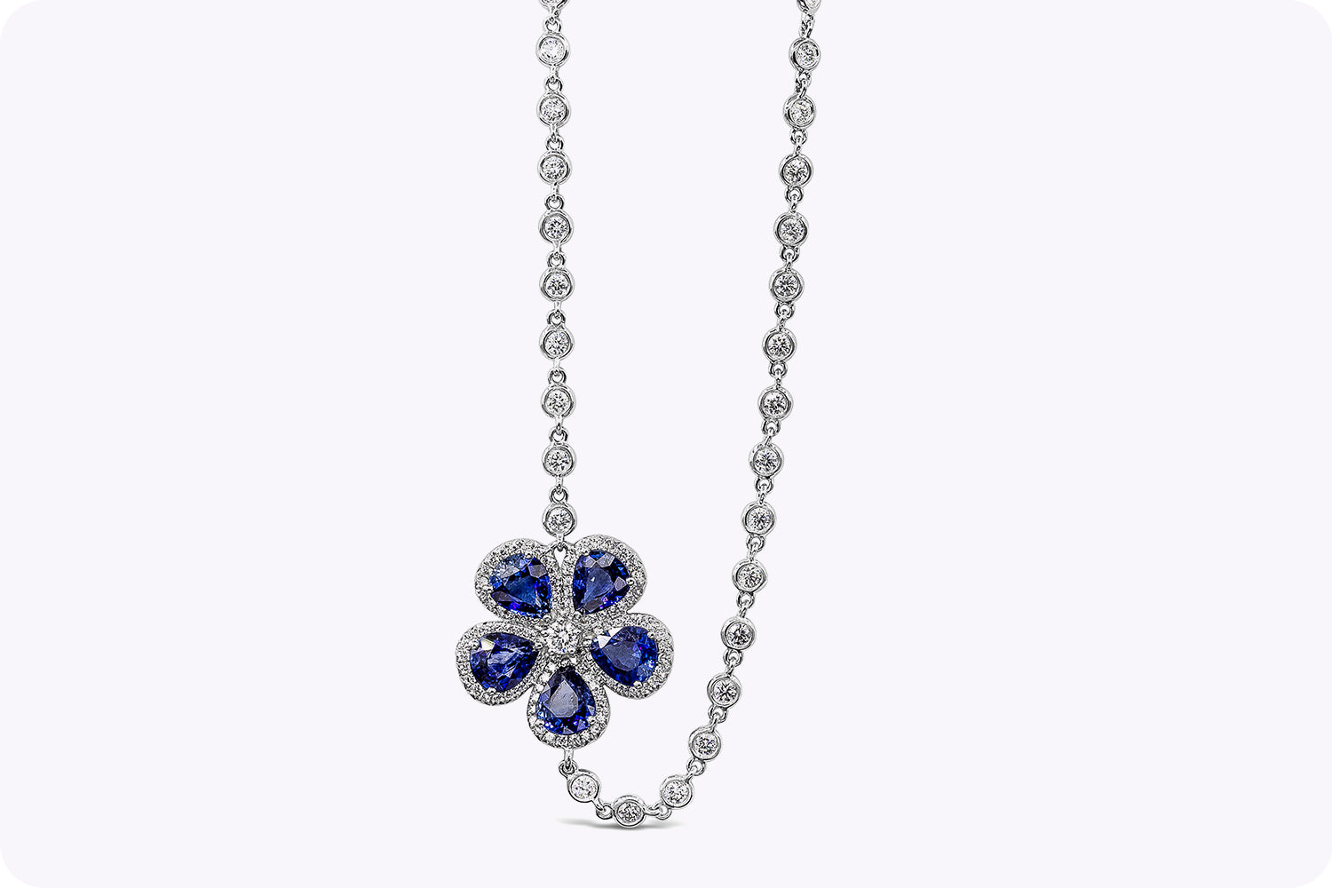 5.89 Carats Sapphire & Diamond Floral Design Long Necklace in White Gold