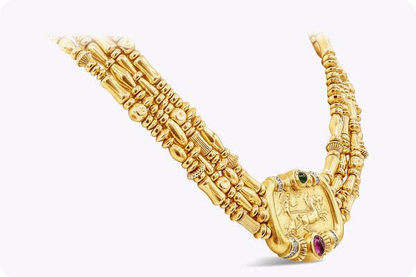 SeidenGang Green & Pink Tourmaline Greek God Helios Multi-Strand Necklace in Yellow Gold