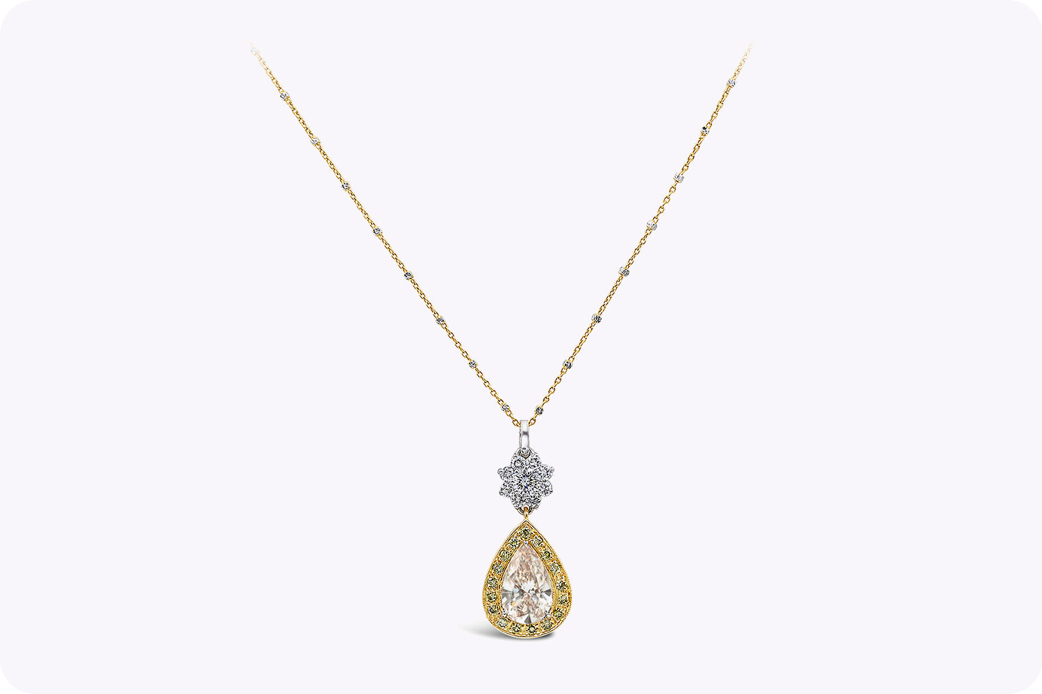 GIA Certified 3.12 Carats Pear Shape Diamond Halo Pendant Necklace in Two-Tone Gold