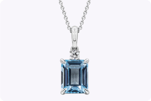 3.09 Carat Blue Topaz and Diamond Solitaire Pendant Necklace in 18 karat White Gold