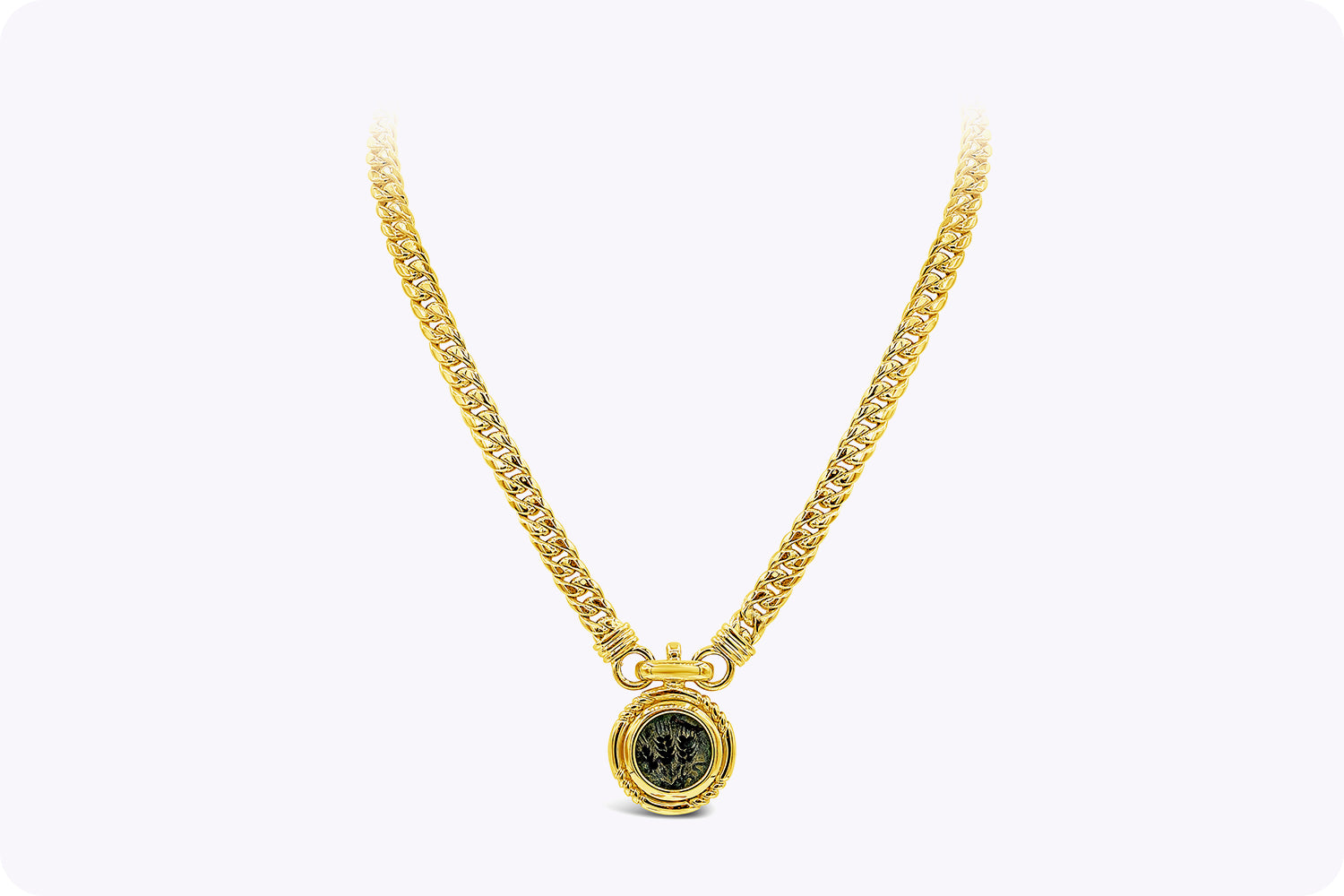 18k Yellow Gold Cuban Link Intaglio Hebrew Coin Medallion Link Necklace