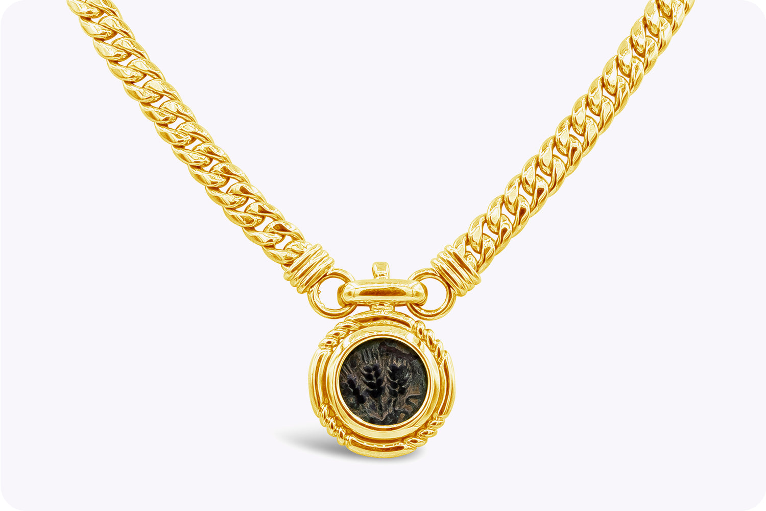 18k Yellow Gold Cuban Link Intaglio Hebrew Coin Medallion Link Necklace