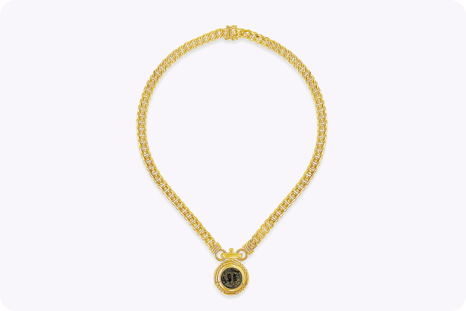 18k Yellow Gold Cuban Link Intaglio Hebrew Coin Medallion Link Necklace