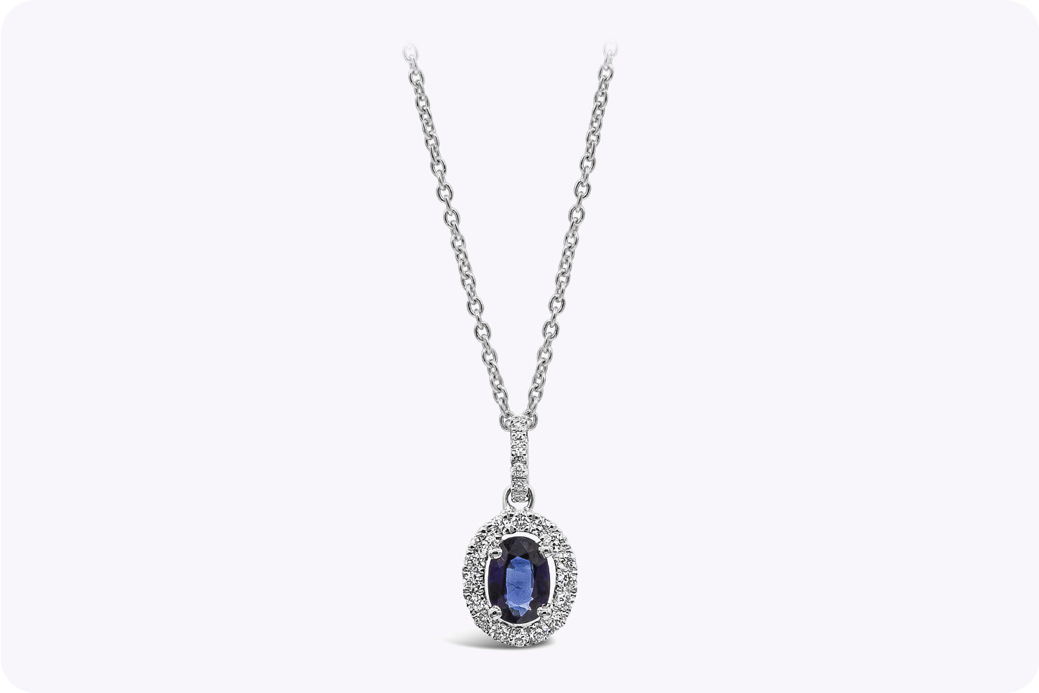 0.96 Carat Total Oval Cut Sapphire & Diamond Halo Pendant Necklace in White Gold