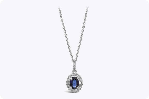 0.96 Carat Total Oval Cut Sapphire & Diamond Halo Pendant Necklace in White Gold