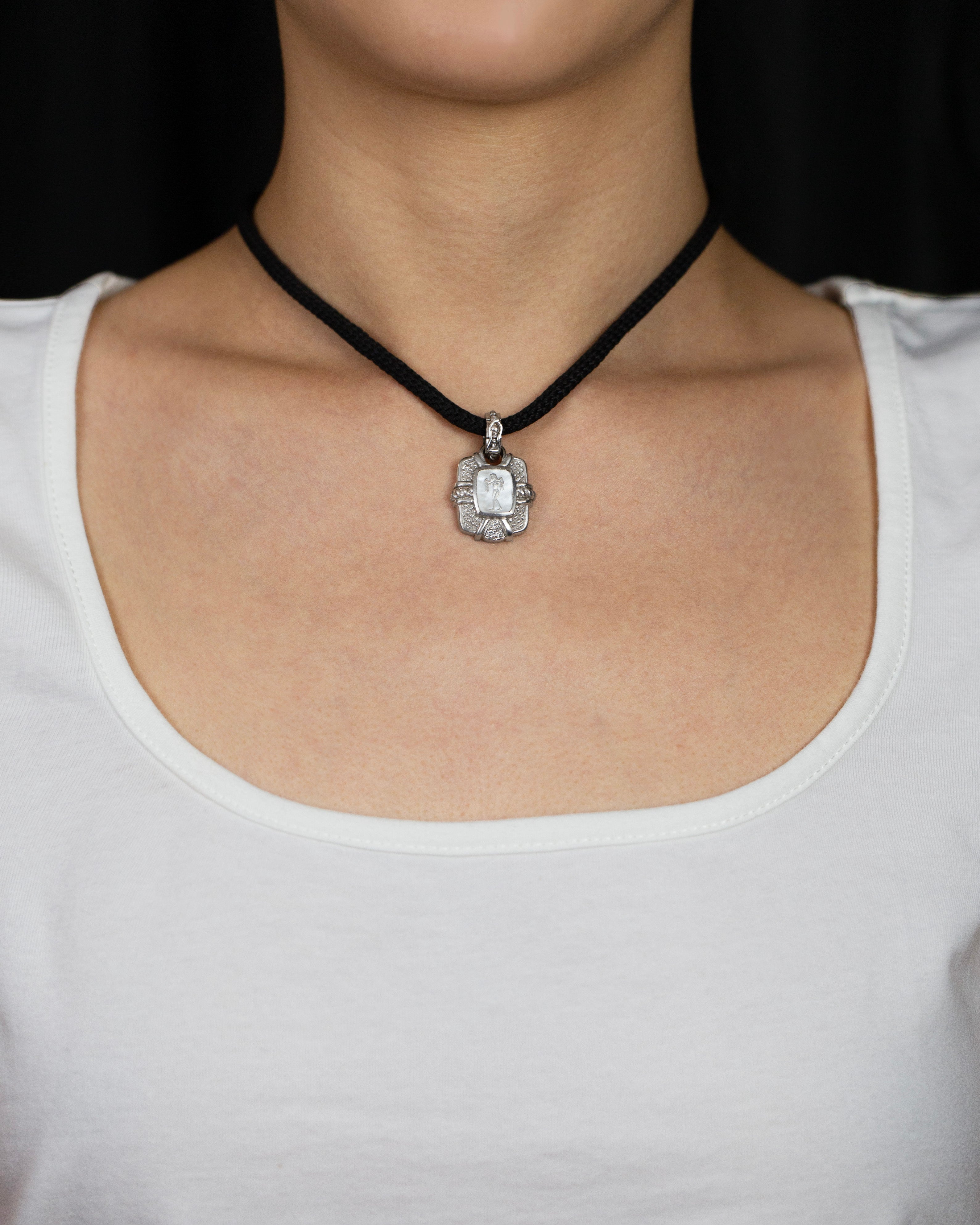 Judith Ripka Black Silk String Necklace with Antique White Gold Pendant