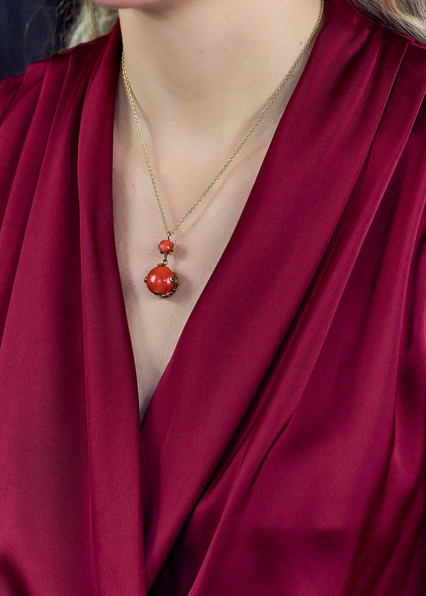 Red Cabochon Coral Pendant Necklace in 14k Yellow Gold