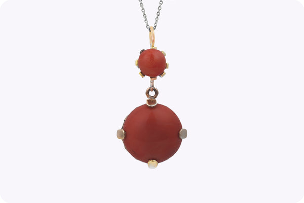 Red Cabochon Coral Pendant Necklace in 14k Yellow Gold