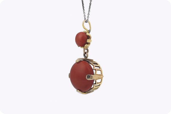 Red Cabochon Coral Pendant Necklace in 14k Yellow Gold