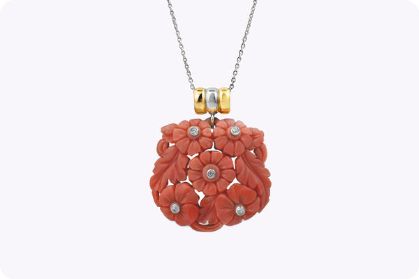 diamond coral pendant necklace in two-tone gold