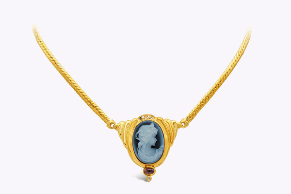 Victorian Cameo Stamp of Woman with Pink Sapphire and Diamond Pendant Necklace in Yellow Gold