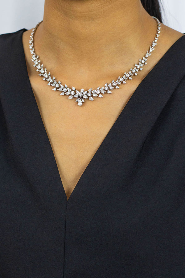 15.01 Carats Total Mixed-Cut Diamond Cluster Fashion Necklace in White Gold