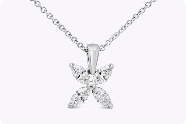 0.92 Carat Total Marquise Cut Diamond Floral Pendant Necklace in White Gold