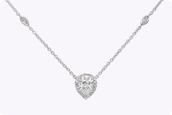 GIA Certified 1.02 Carats Pear Shape Diamond Halo Necklace in Platinum & White Gold