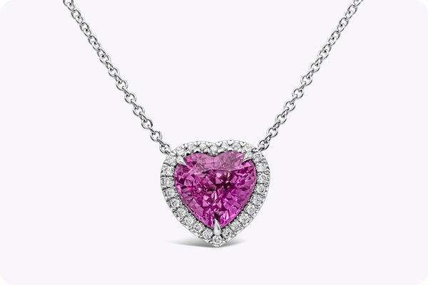 2.92 Carats Heart Shape Pink Sapphire Halo Pendant Necklace with Diamond