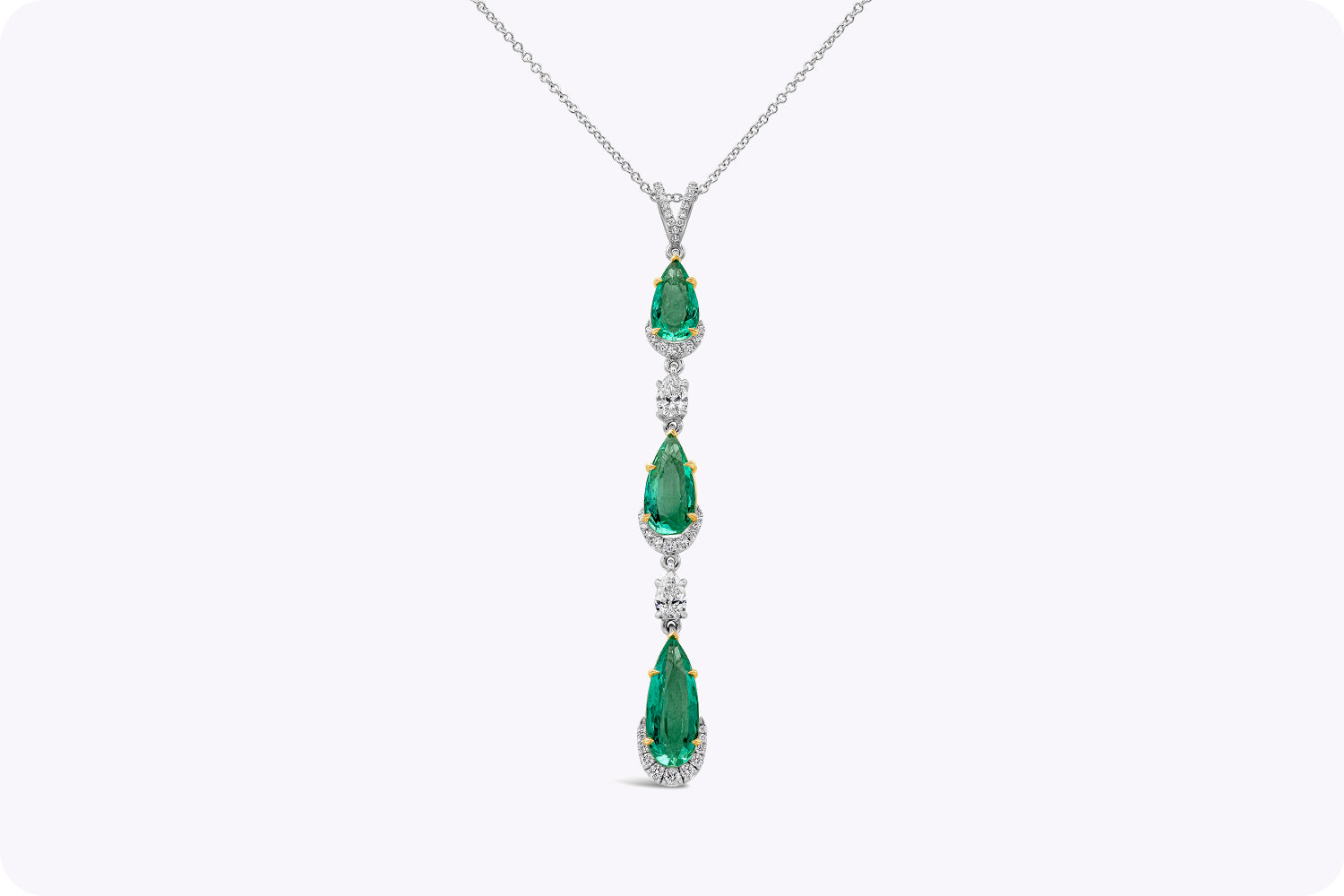 5.50 Carats Total Pear Shape Colombian Emerald & Diamond Pendant Necklace in Yellow Gold & Platinum