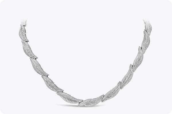 51.14 Grams White Gold Hand-Engraved Leaves Collar Necklace