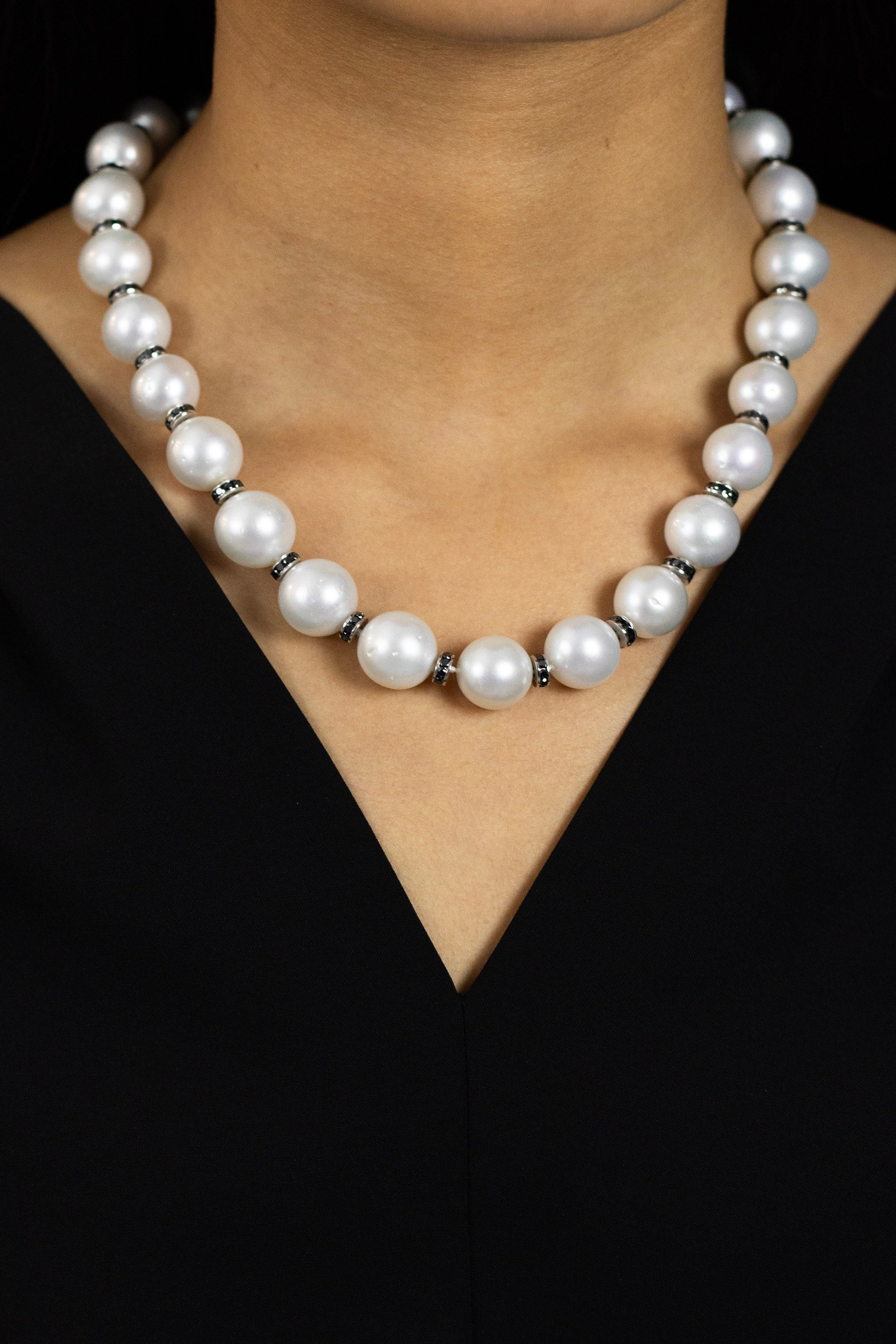 11.02 Carats Total Black Diamond & Natural White Pearl Necklace in White Gold