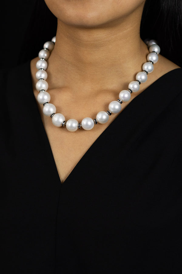 11.02 Carats Total Black Diamond & Natural White Pearl Necklace in White Gold