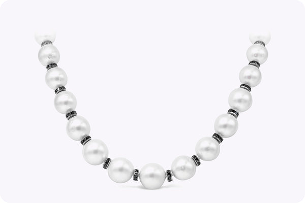 11.02 Carats Total Black Diamond & Natural White Pearl Necklace in White Gold