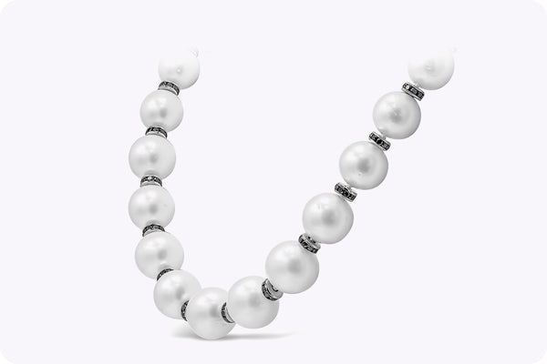 11.02 Carats Total Black Diamond & Natural White Pearl Necklace in White Gold