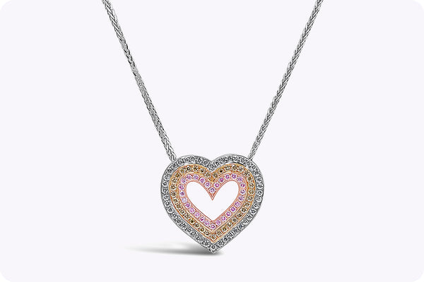 0.49 Carat Total Tri-Color Diamond Heart Pendant Necklace in Tri-Color Gold & Platinum