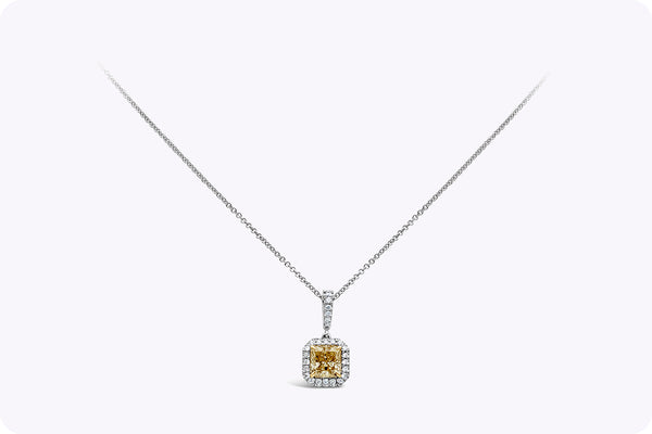 1.04 Carats Radiant Cut Yellow Diamond Halo Pendant Necklace in Two-Tone Gold