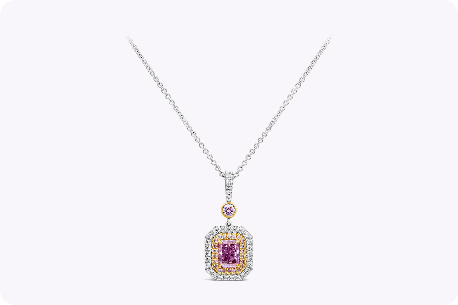 GIA Certified 1.01 Carats Radiant Cut Purple Pink Diamond Pendant Necklace in Yellow Gold & Platinum