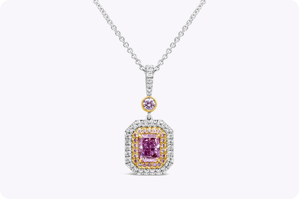 GIA Certified 1.01 Carats Radiant Cut Purple Pink Diamond Pendant Necklace in Yellow Gold & Platinum