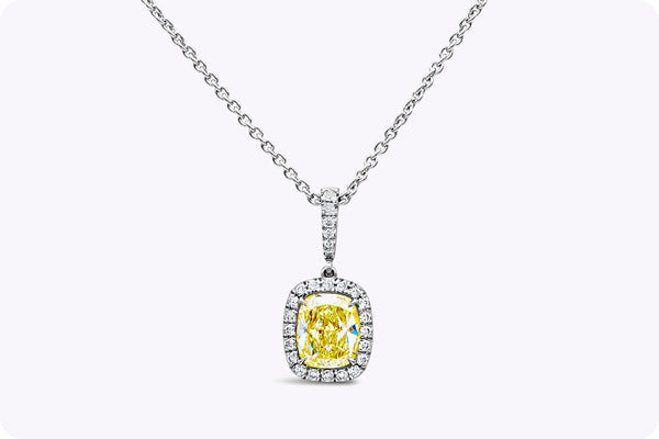 GIA Certified 1.55 Carats Total Cushion Cut Diamond Halo Pendant Necklace in White Gold & Platinum