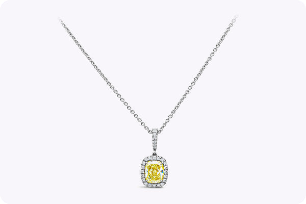 GIA Certified 1.55 Carats Total Cushion Cut Diamond Halo Pendant Necklace in White Gold & Platinum