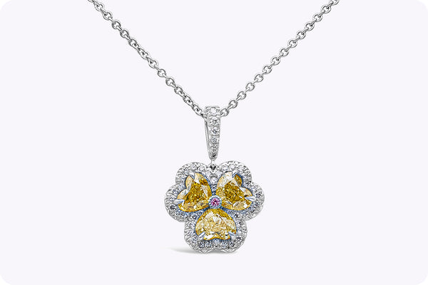 1.66 Carats Fancy Yellow Diamond Clover Pendant Necklace in White Gold & Platinum