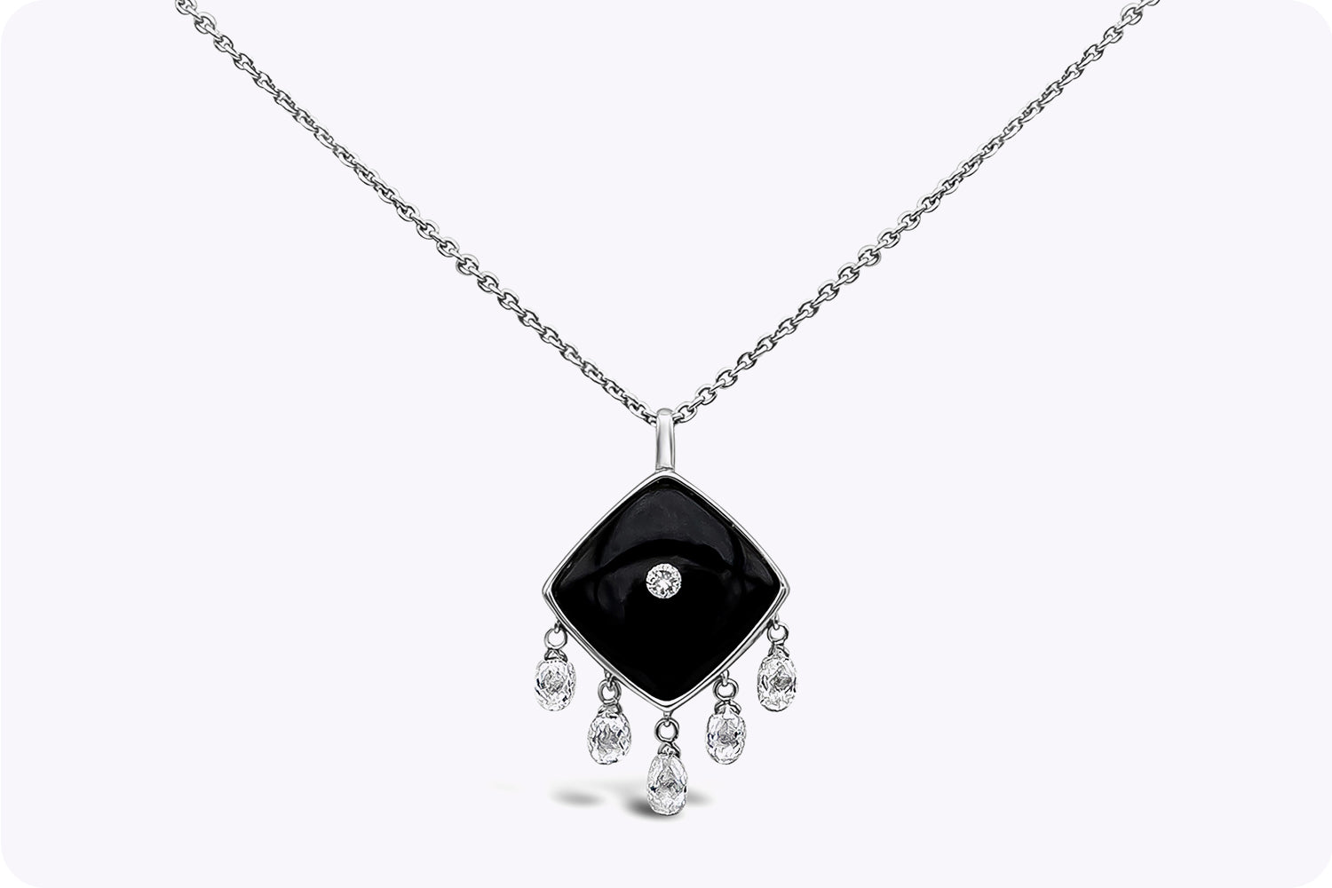 3.60 Carats Cushion Onyx & Briolette Diamond Pendant Drop Necklace in White Gold