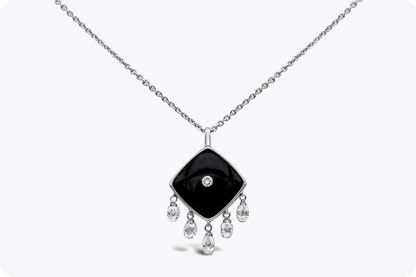 3.60 Carats Cushion Onyx & Briolette Diamond Pendant Drop Necklace in White Gold