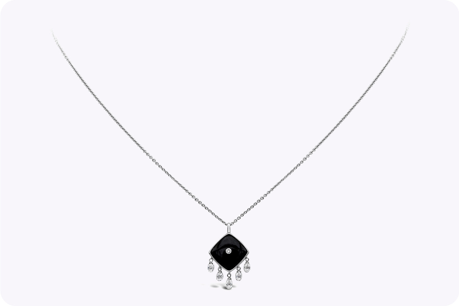 3.60 Carats Cushion Onyx & Briolette Diamond Pendant Drop Necklace in White Gold