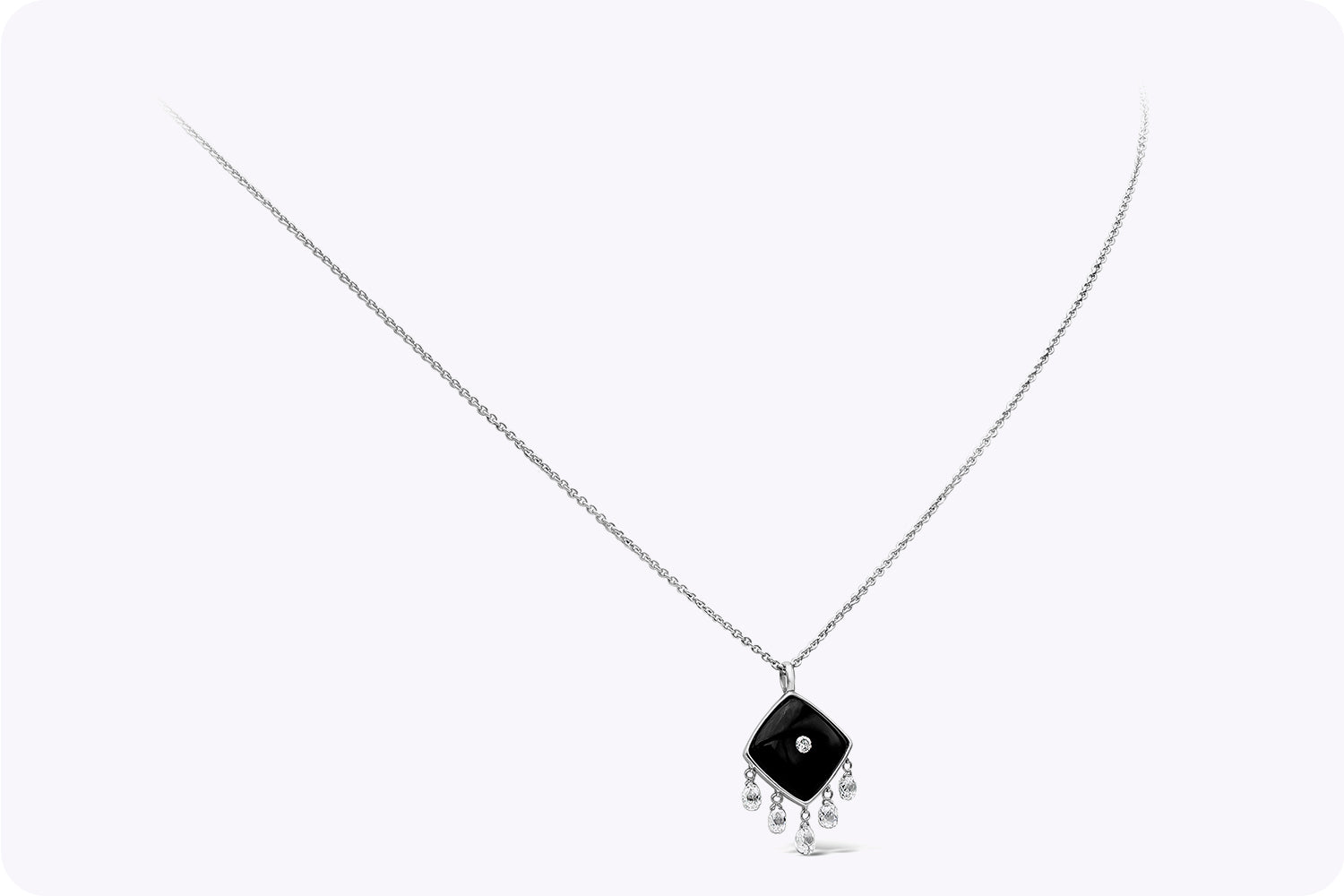 3.60 Carats Cushion Onyx & Briolette Diamond Pendant Drop Necklace in White Gold