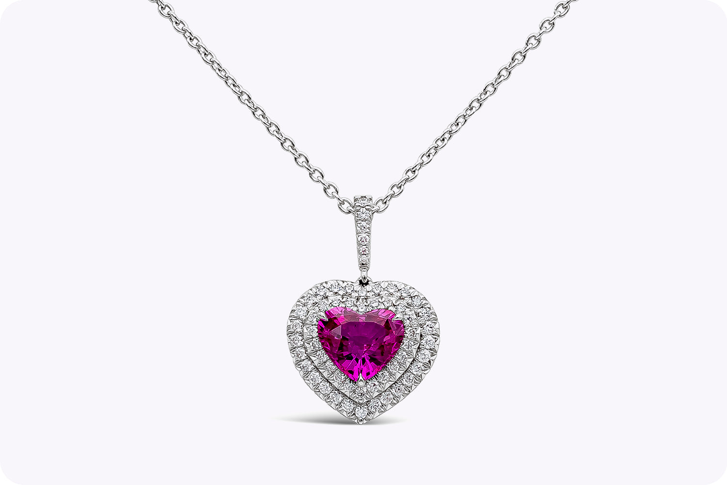 GIA Certified 1.82 Heart Shape Pink Sapphire & Diamond Halo Pendant Necklace in White Gold