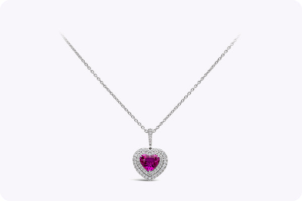 GIA Certified 1.82 Heart Shape Pink Sapphire & Diamond Halo Pendant Necklace in White Gold