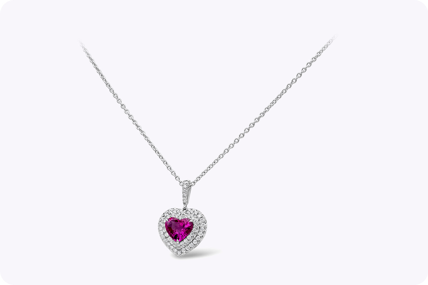 GIA Certified 1.82 Heart Shape Pink Sapphire & Diamond Halo Pendant Necklace in White Gold