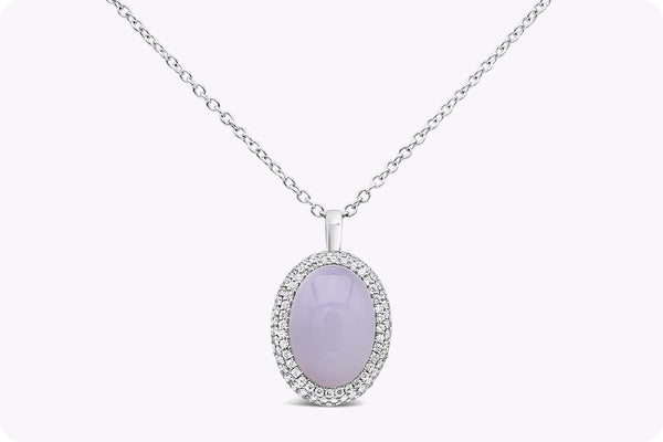 7.00 Carats Oval Cabochon Lavender Chalcedony & Diamond Pendant Necklace in White Gold