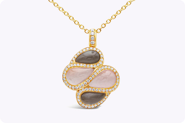 5.02 Carats Total Pear Shape Grey Moonstone & Rose Quartz Pendant Necklace in Two-Tone Gold