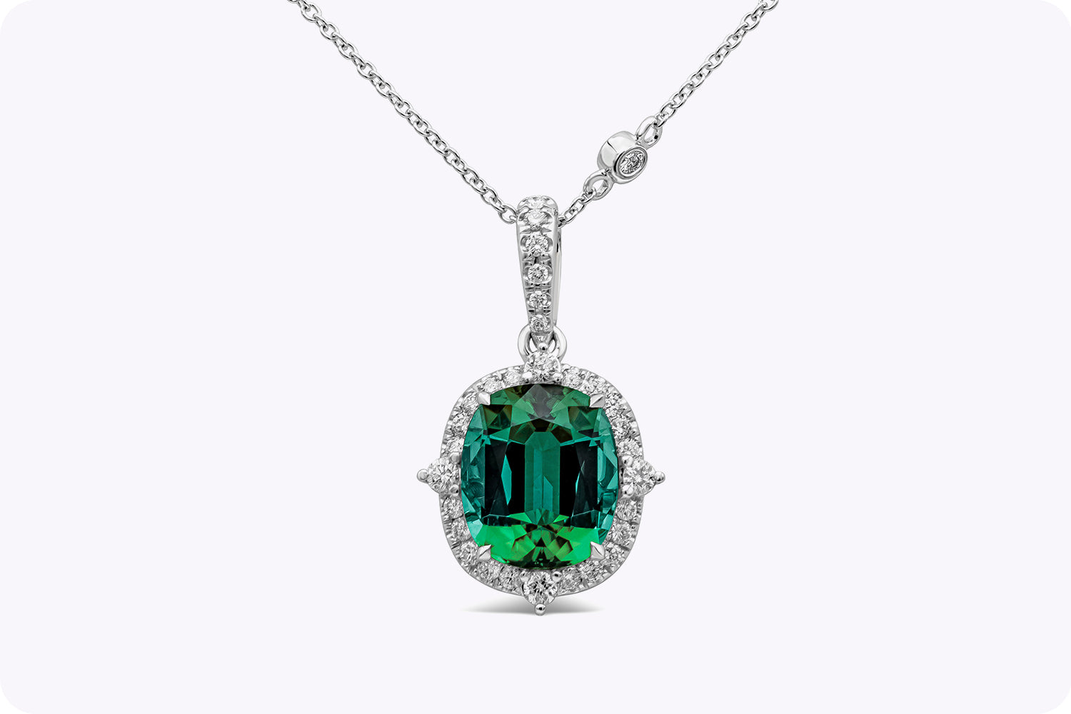 5.00 Carats Cushion Cut Blue Green Tourmaline & Diamond Pendant Necklace in White Gold & Platinum