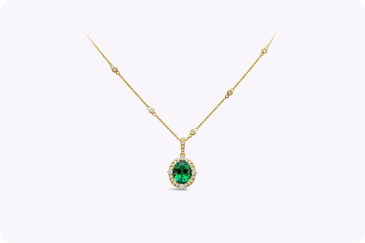 4.92 Carats Oval Cut Green Tourmaline & Diamond Pendant Necklace in Yellow Gold