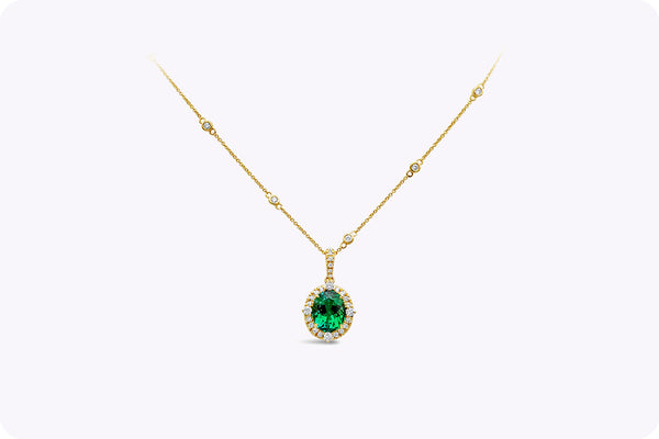 4.92 Carats Oval Cut Green Tourmaline & Diamond Pendant Necklace in Yellow Gold