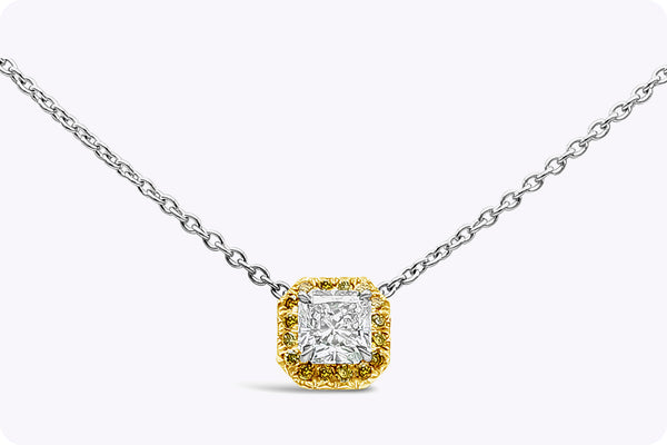 1.02 Carats Total Radiant Cut Diamond Halo Pendant Necklace in Platinum